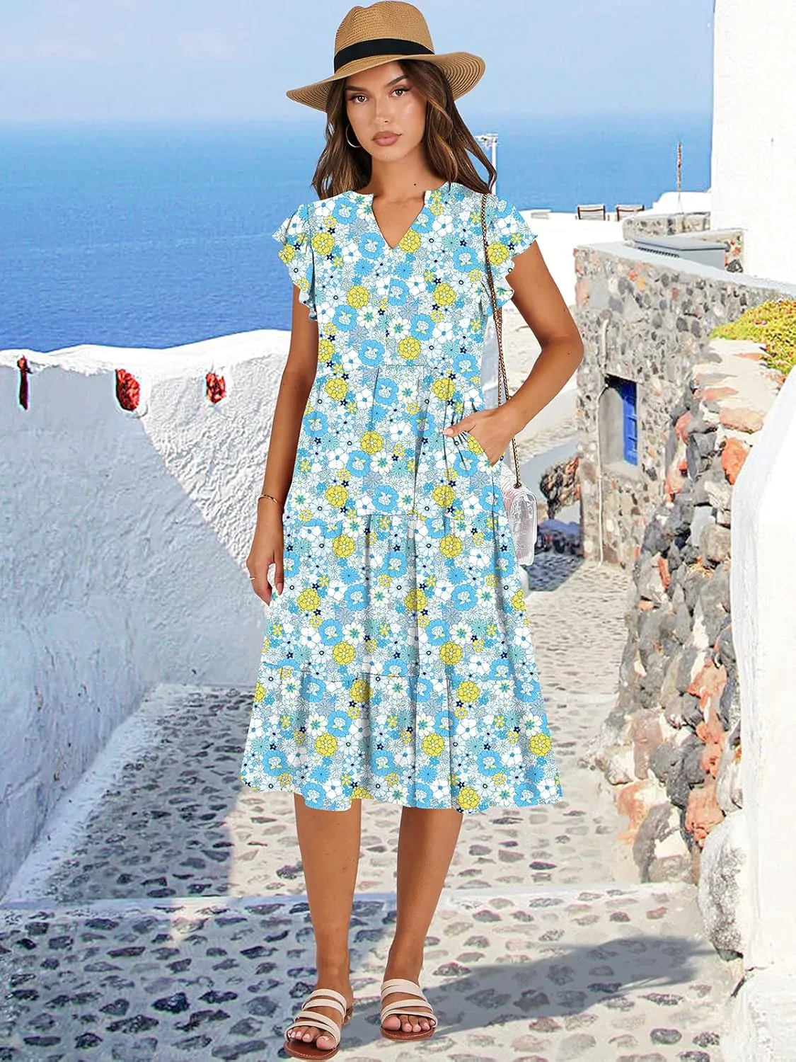 ANRABESS Womens Summer Dress Ruffle Sleeve V Neck Midi Dresses Fashion Casual Fit Flowy Tiered Boho Beach Vacation Sundress