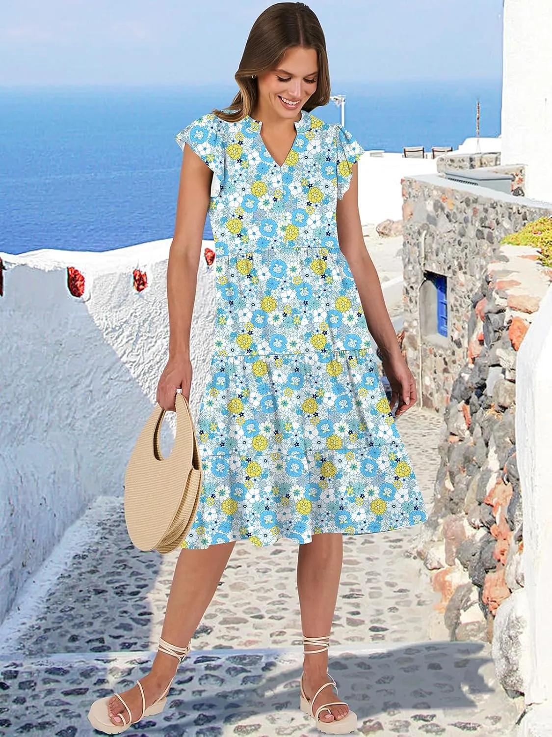 ANRABESS Womens Summer Dress Ruffle Sleeve V Neck Midi Dresses Fashion Casual Fit Flowy Tiered Boho Beach Vacation Sundress