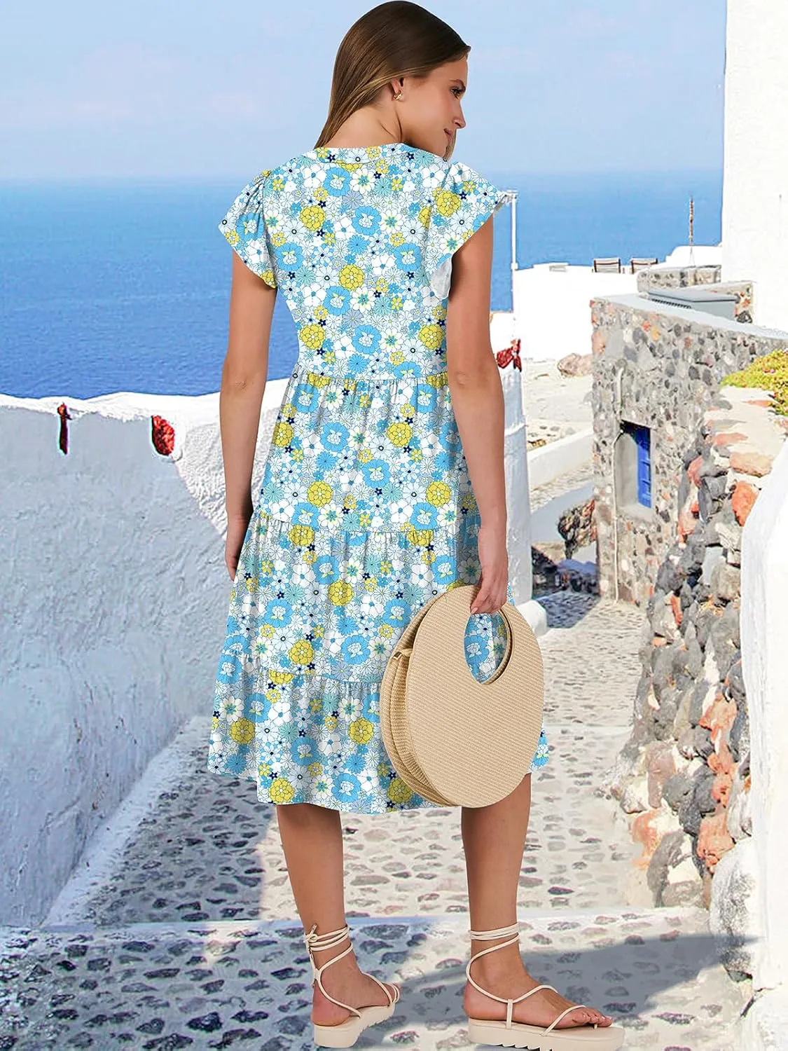 ANRABESS Womens Summer Dress Ruffle Sleeve V Neck Midi Dresses Fashion Casual Fit Flowy Tiered Boho Beach Vacation Sundress