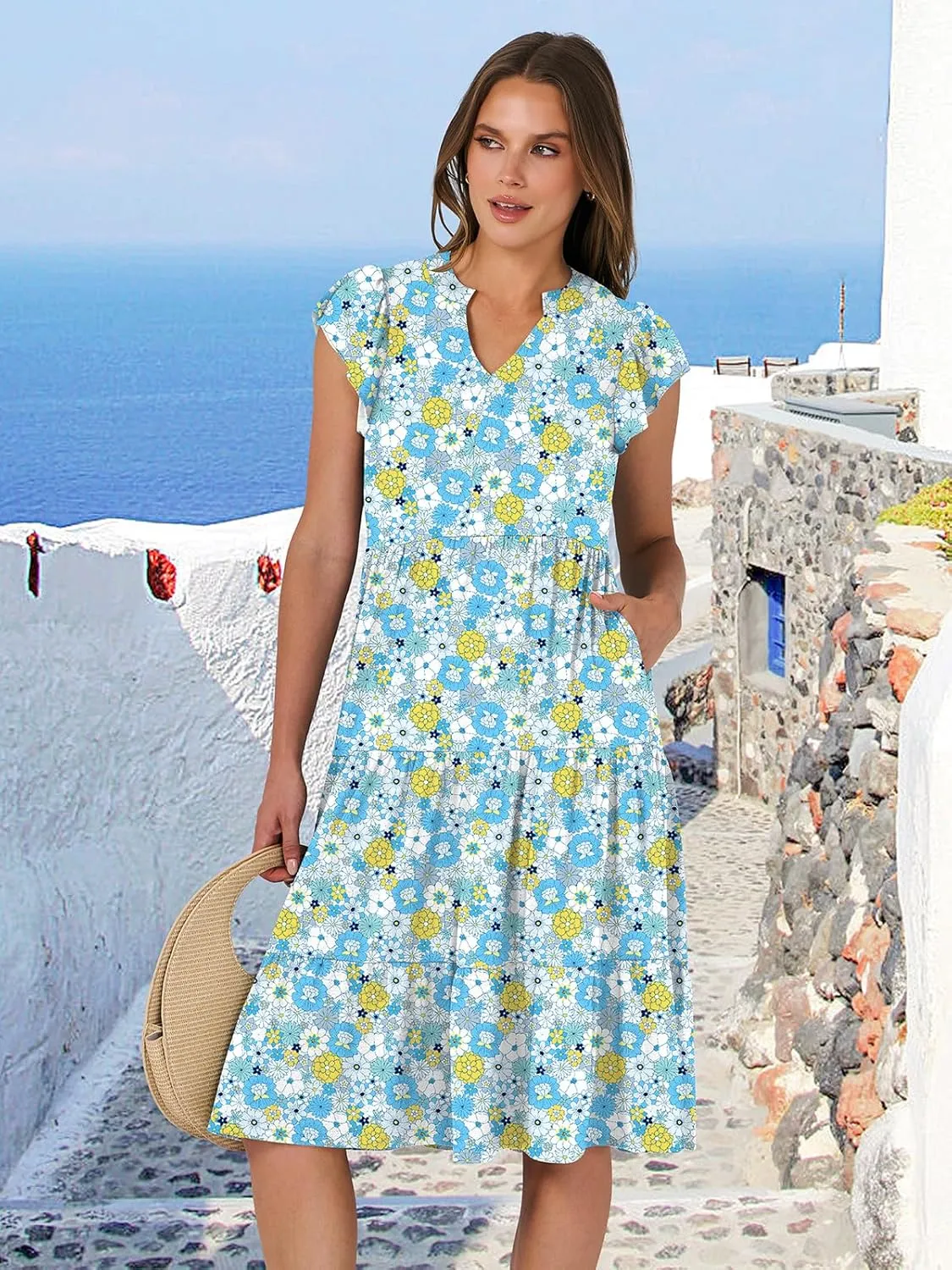 ANRABESS Womens Summer Dress Ruffle Sleeve V Neck Midi Dresses Fashion Casual Fit Flowy Tiered Boho Beach Vacation Sundress