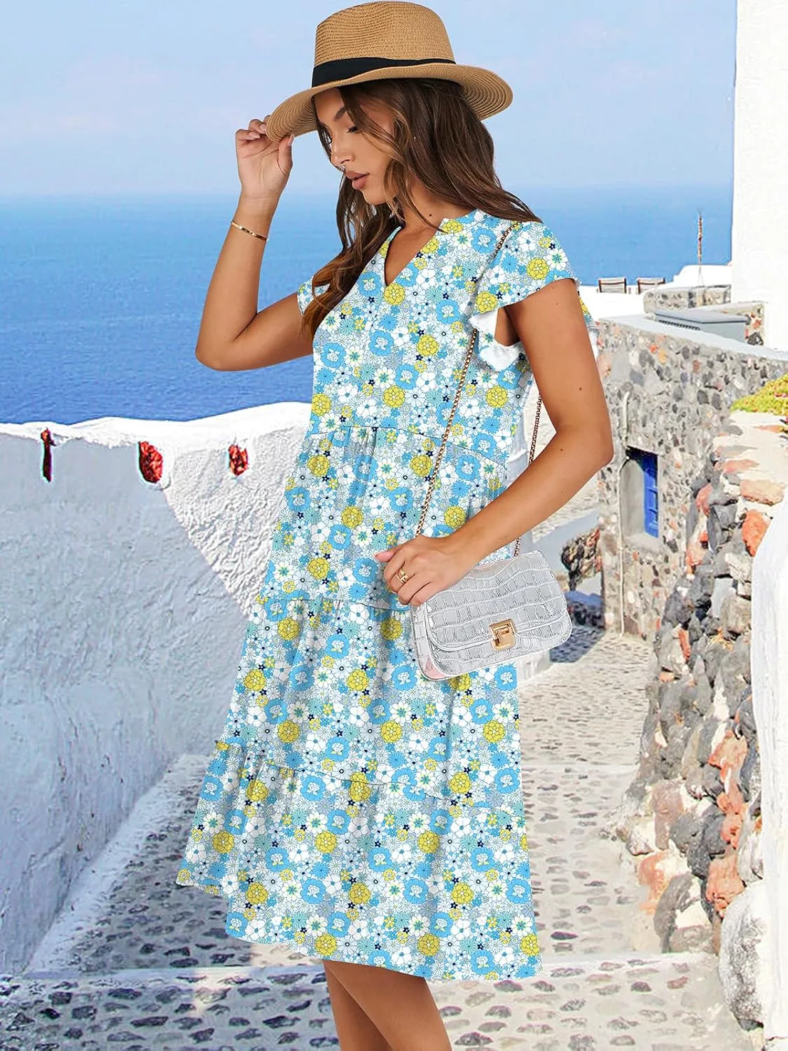 ANRABESS Womens Summer Dress Ruffle Sleeve V Neck Midi Dresses Fashion Casual Fit Flowy Tiered Boho Beach Vacation Sundress