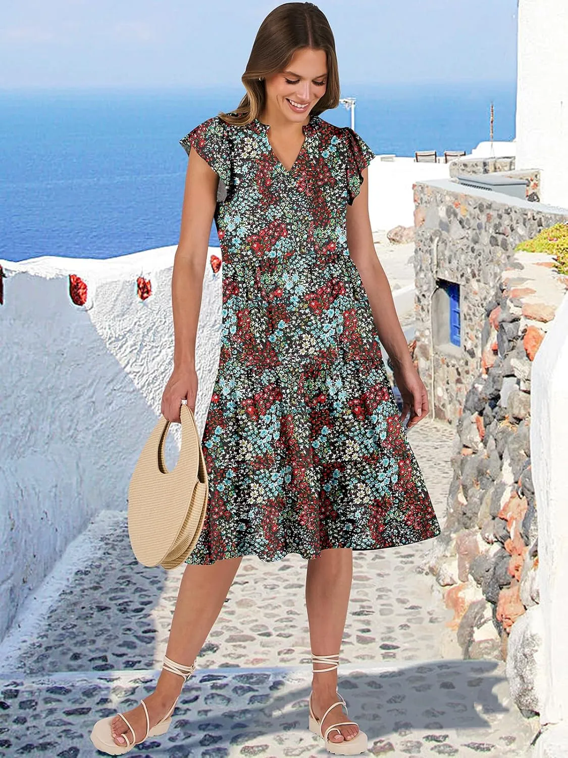 ANRABESS Womens Summer Dress Ruffle Sleeve V Neck Midi Dresses Fashion Casual Fit Flowy Tiered Boho Beach Vacation Sundress