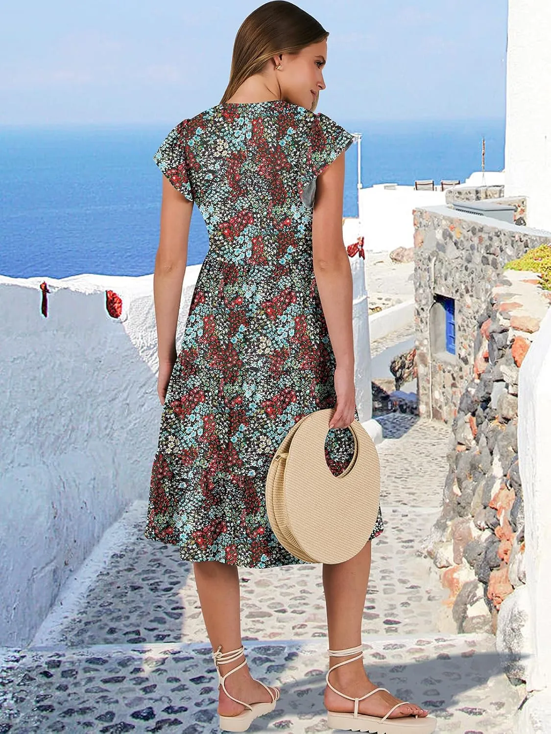 ANRABESS Womens Summer Dress Ruffle Sleeve V Neck Midi Dresses Fashion Casual Fit Flowy Tiered Boho Beach Vacation Sundress