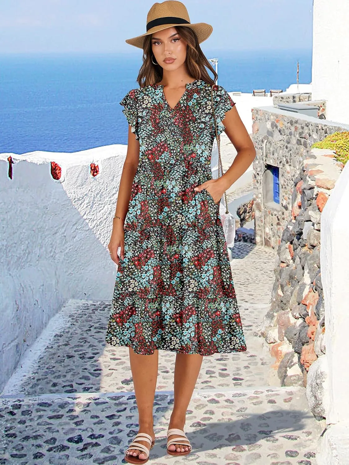 ANRABESS Womens Summer Dress Ruffle Sleeve V Neck Midi Dresses Fashion Casual Fit Flowy Tiered Boho Beach Vacation Sundress