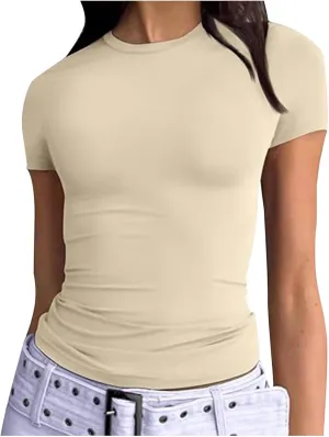 Basic Slim Fit Short Sleeve Tops Womens Summer 2025 Crew Neck Tops Fashion Basic Tee Shirts Casual Going Out Top