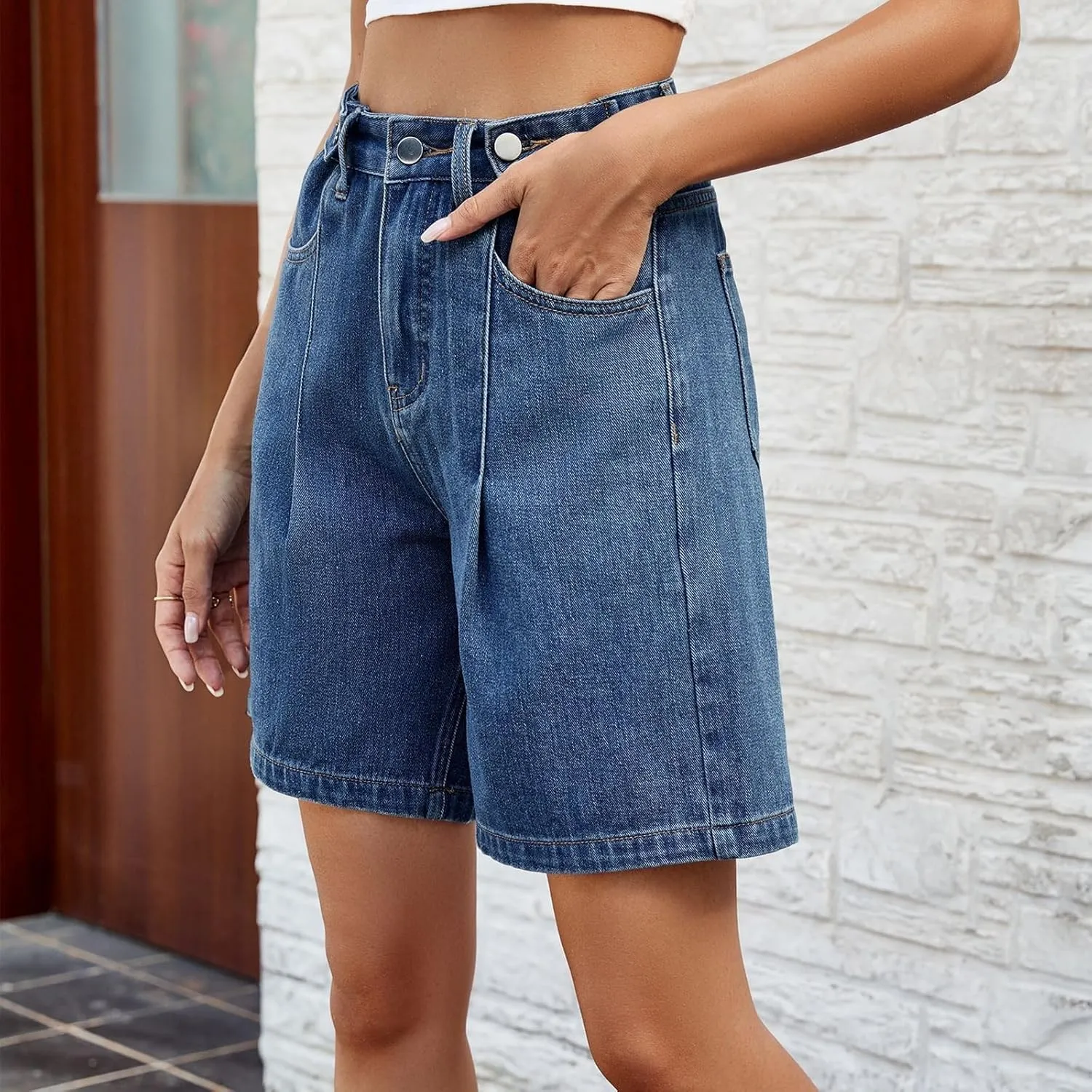Bermuda Jean Shorts for Women High Waisted Trendy Stretchy Denim Shorts Knee Length Cropped Loose Fit Long Short