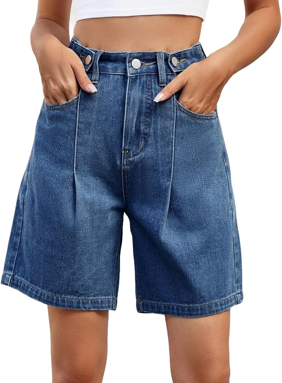 Bermuda Jean Shorts for Women High Waisted Trendy Stretchy Denim Shorts Knee Length Cropped Loose Fit Long Short