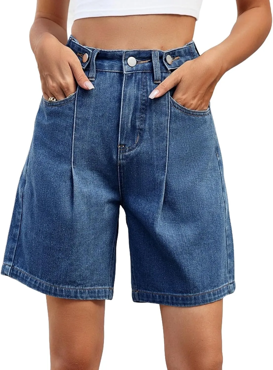 Bermuda Jean Shorts for Women High Waisted Trendy Stretchy Denim Shorts Knee Length Cropped Loose Fit Long Short