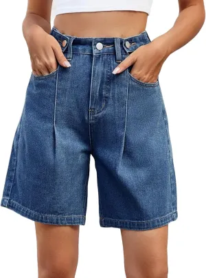 Bermuda Jean Shorts for Women High Waisted Trendy Stretchy Denim Shorts Knee Length Cropped Loose Fit Long Short