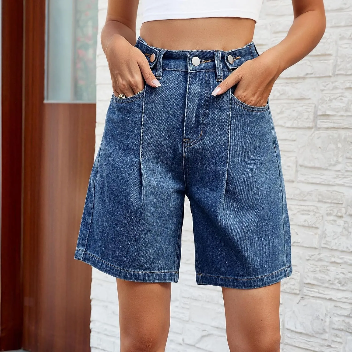 Bermuda Jean Shorts for Women High Waisted Trendy Stretchy Denim Shorts Knee Length Cropped Loose Fit Long Short