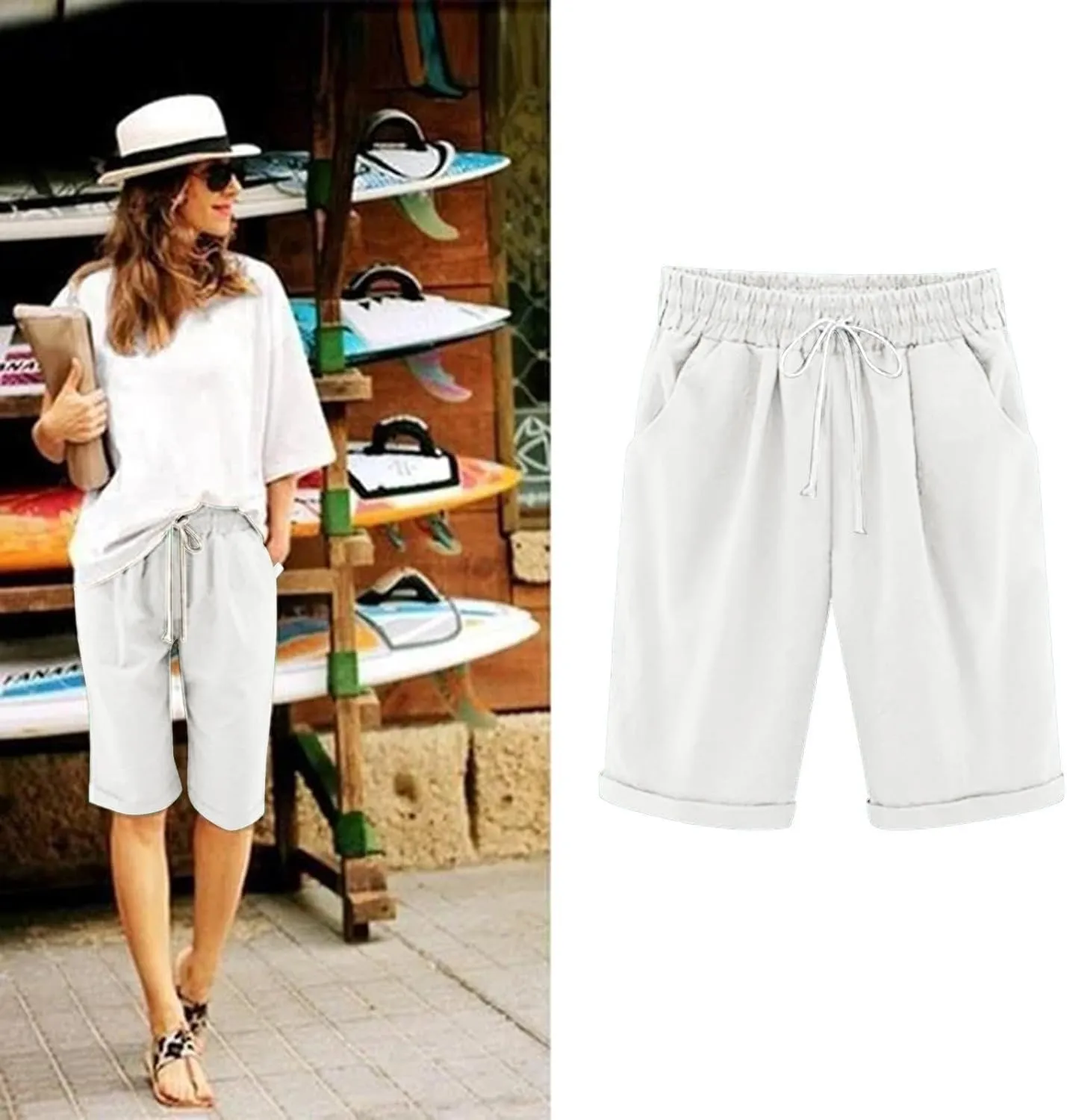 Bermuda Shorts for Women Loose Fit Knee Length Linen Shorts Elastic Waist Workout Shorts Summer Beach Shorts