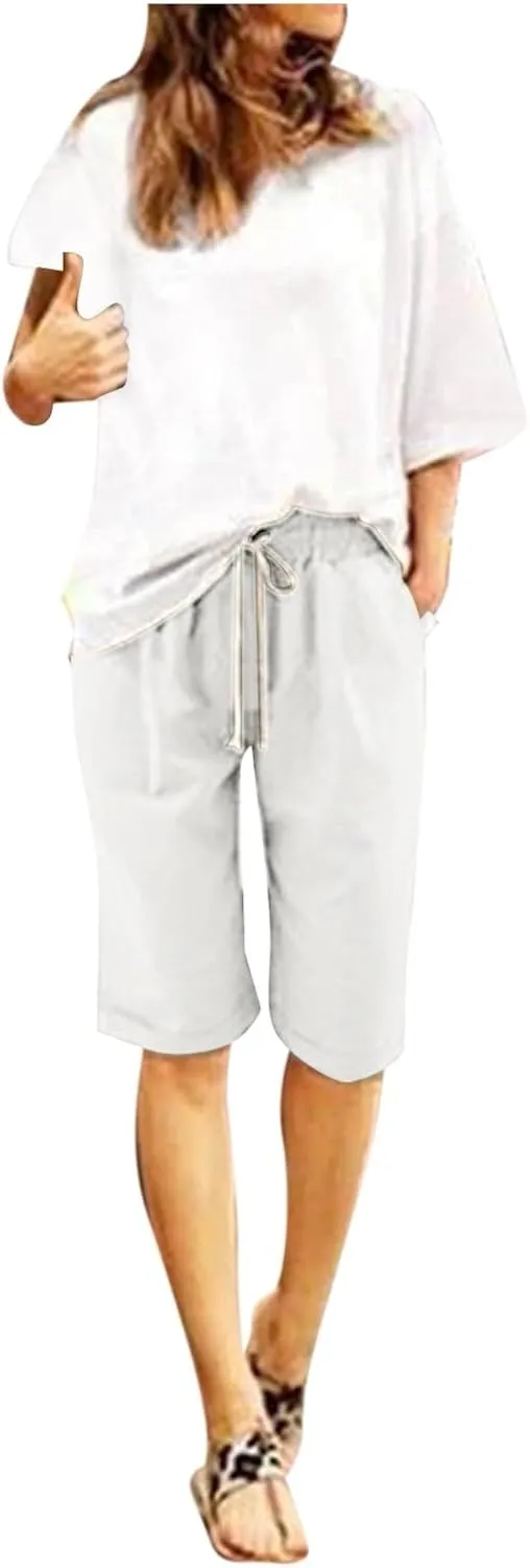 Bermuda Shorts for Women Loose Fit Knee Length Linen Shorts Elastic Waist Workout Shorts Summer Beach Shorts