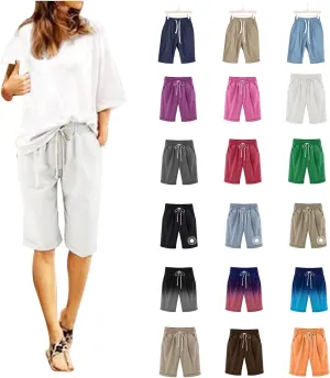 Bermuda Shorts for Women Loose Fit Knee Length Linen Shorts Elastic Waist Workout Shorts Summer Beach Shorts