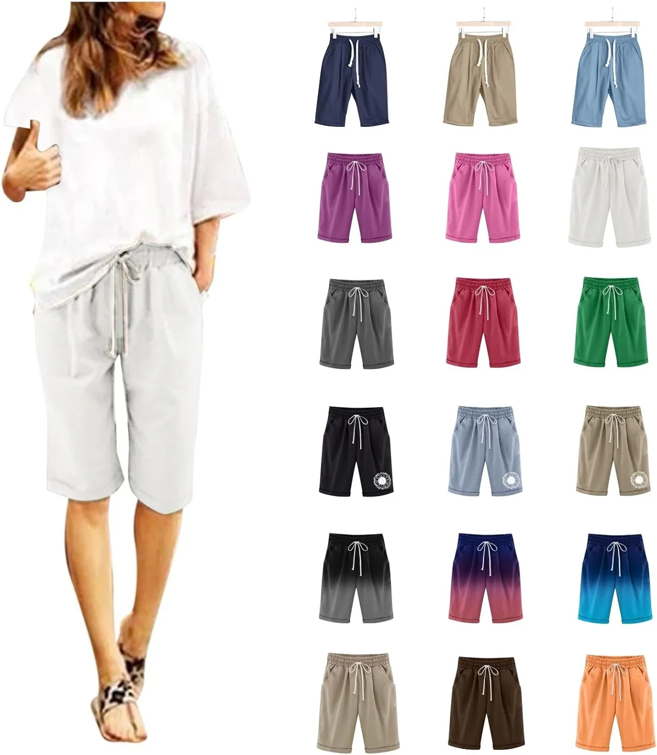 Bermuda Shorts for Women Loose Fit Knee Length Linen Shorts Elastic Waist Workout Shorts Summer Beach Shorts