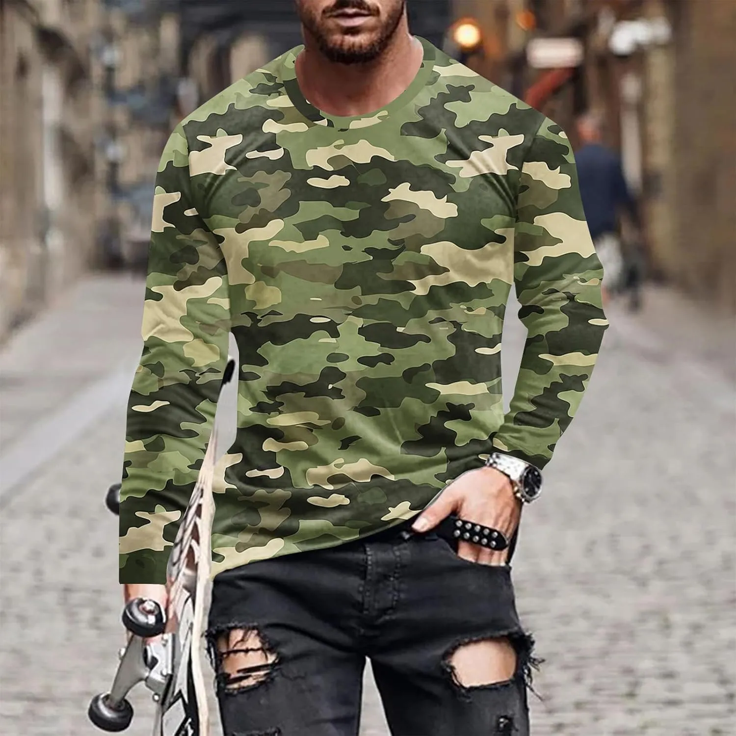 Big and Tall Shirts for Men Long Sleeve Camouflage Print Graphic Pullover Tops Camo Gym Workout Crewneck Sweatshirts