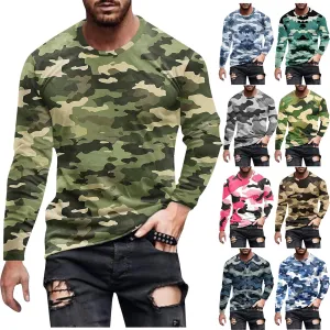 Big and Tall Shirts for Men Long Sleeve Camouflage Print Graphic Pullover Tops Camo Gym Workout Crewneck Sweatshirts