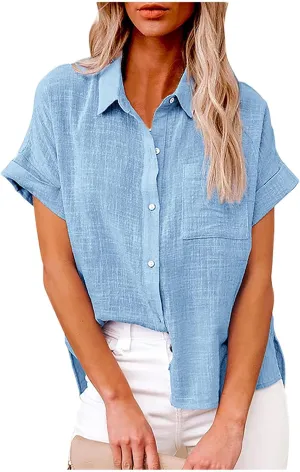 Binmer Womens Linen Button Down Shirt 2024 Fashion Plus Size Blouse Summer Casual Loose Dressy Short Sleeve Tops S-5XL