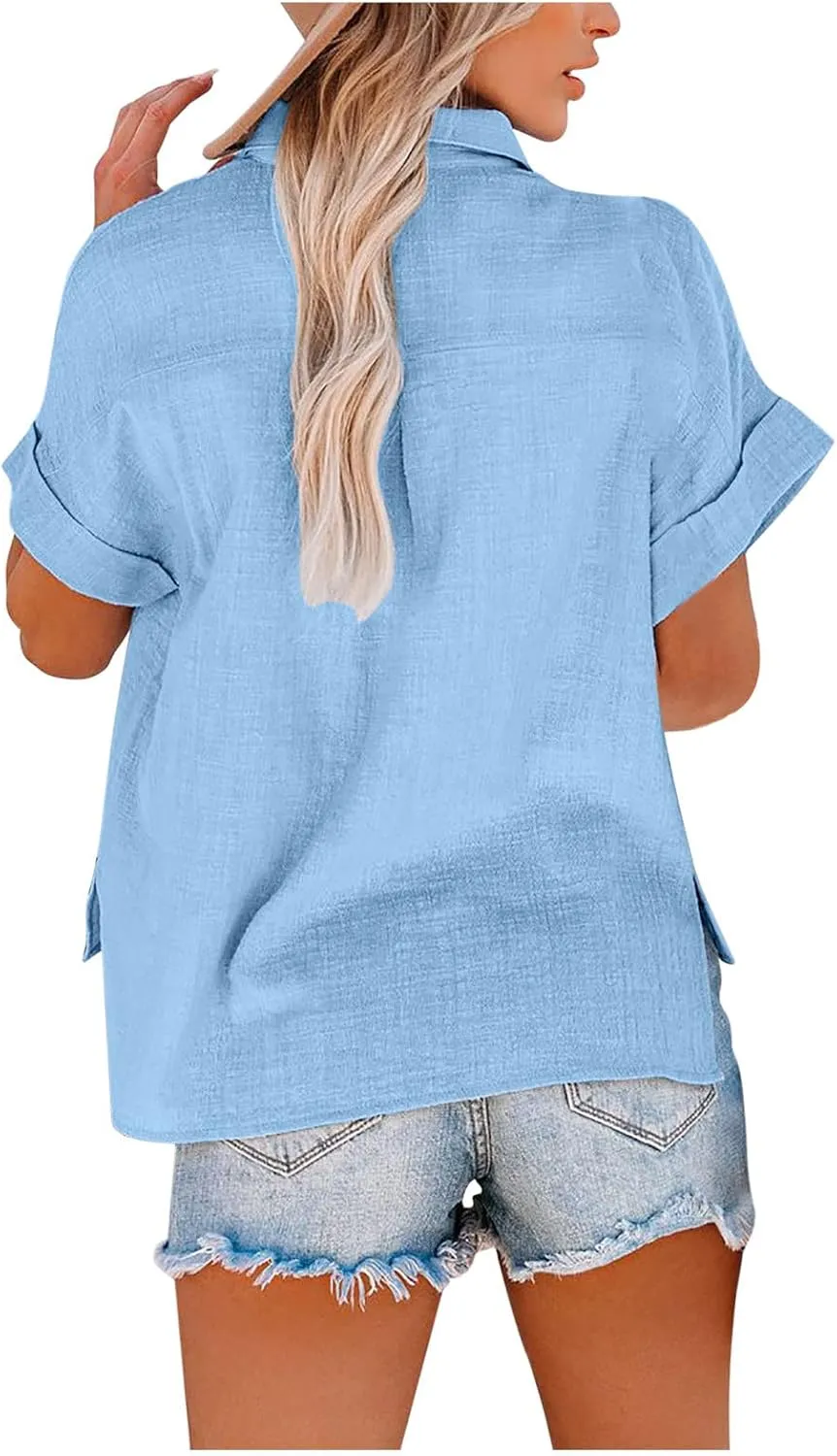 Binmer Womens Linen Button Down Shirt 2024 Fashion Plus Size Blouse Summer Casual Loose Dressy Short Sleeve Tops S-5XL