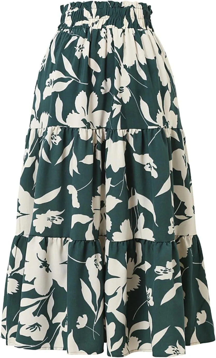 Boho Floral Summer Maxi Skirt Women Elastic High Waist Tiered Pleated Flowy Long Casual Beach Skirt