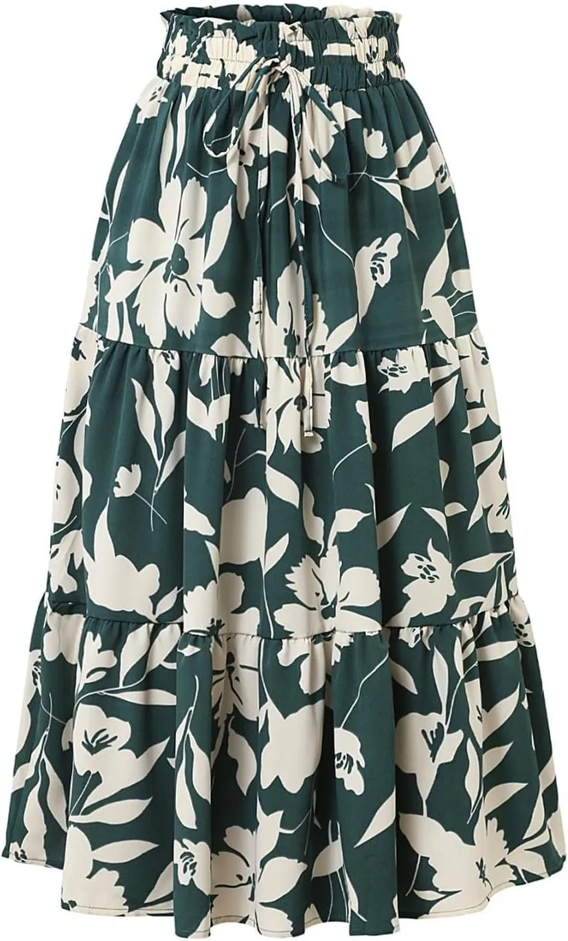Boho Floral Summer Maxi Skirt Women Elastic High Waist Tiered Pleated Flowy Long Casual Beach Skirt