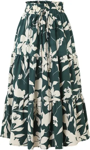 Boho Floral Summer Maxi Skirt Women Elastic High Waist Tiered Pleated Flowy Long Casual Beach Skirt