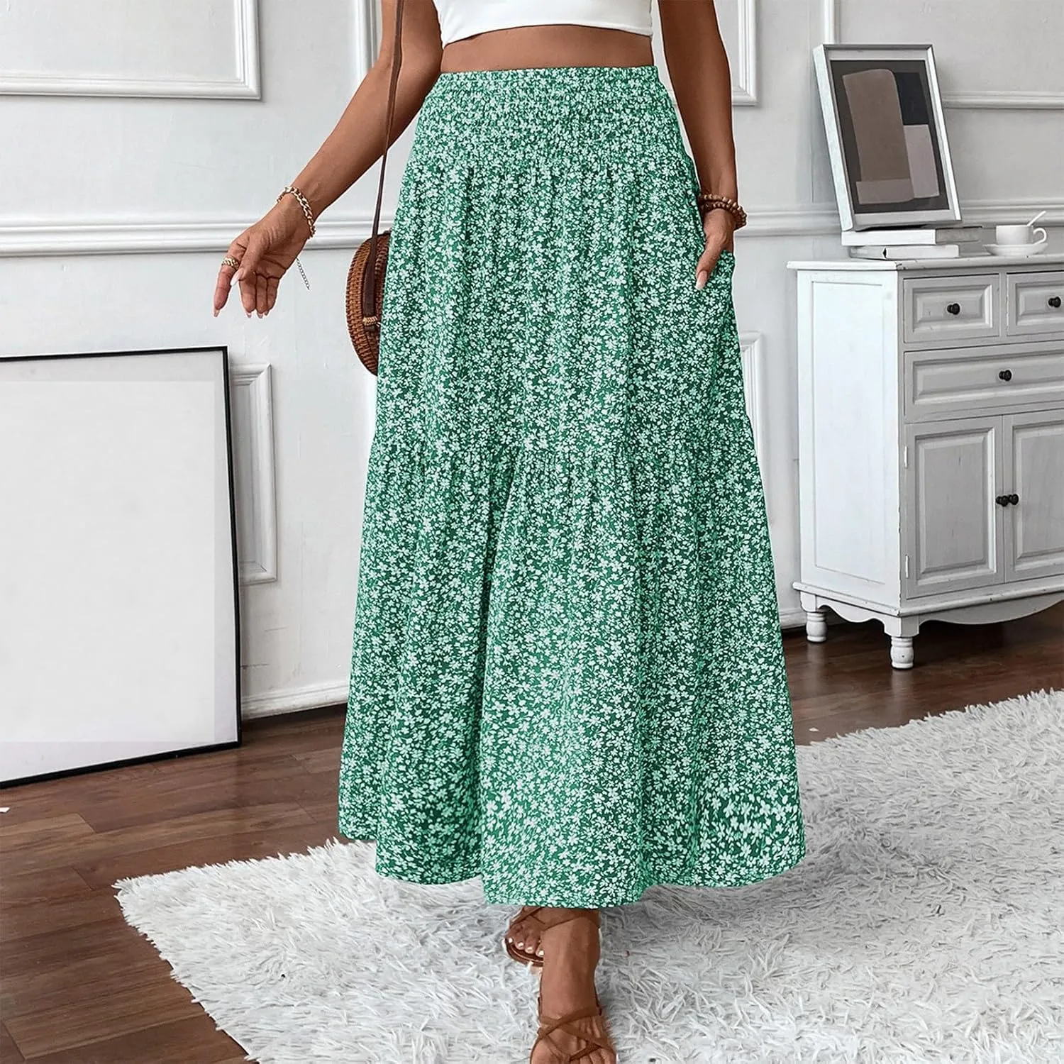 Boho Skirts for Women Floral Tiered Flowy Long Skirts 2025 Summer Beach Smocked Elastic High Skirt with Pocket