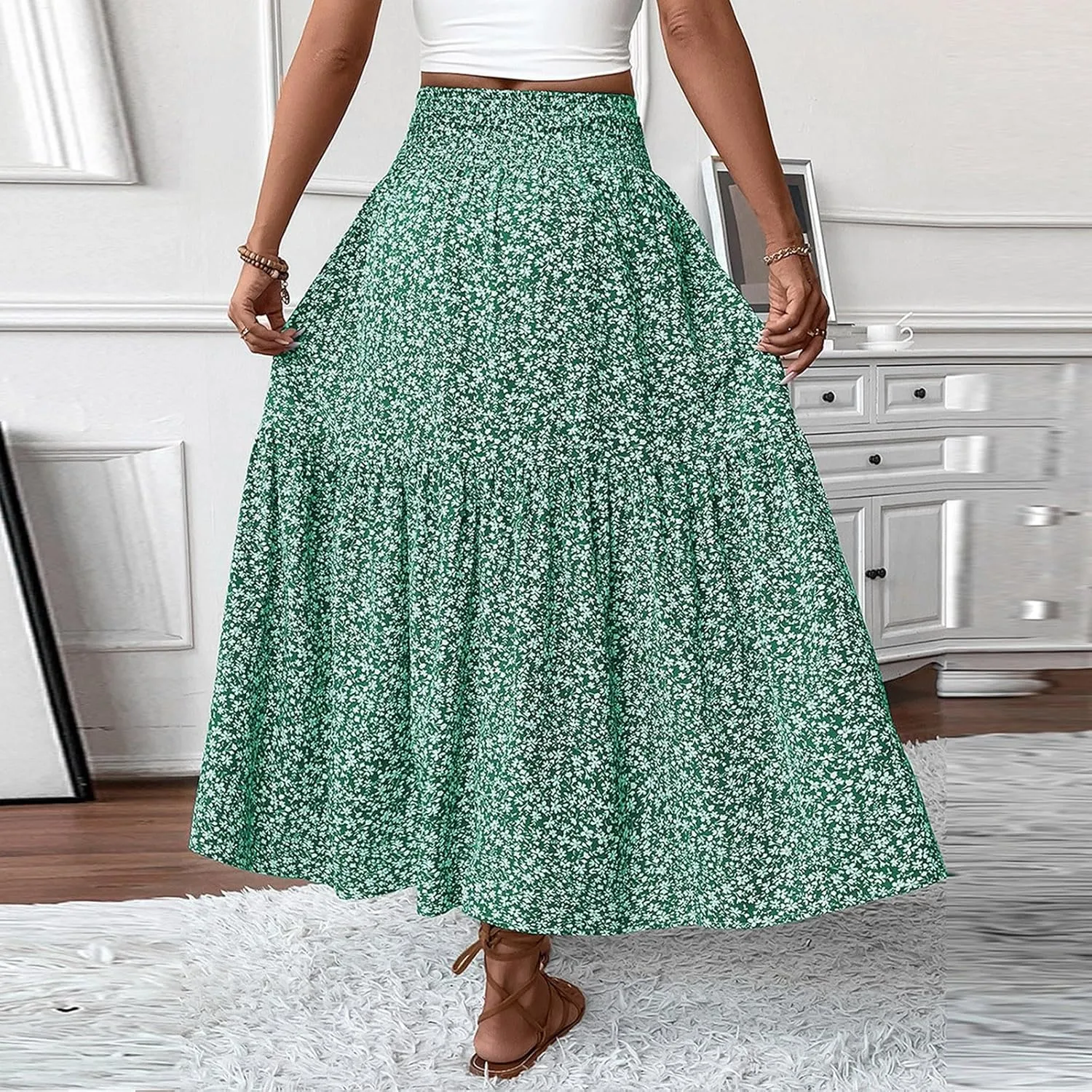 Boho Skirts for Women Floral Tiered Flowy Long Skirts 2025 Summer Beach Smocked Elastic High Skirt with Pocket