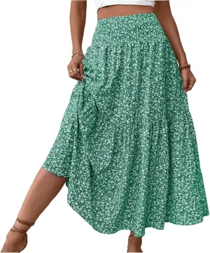 Boho Skirts for Women Floral Tiered Flowy Long Skirts 2025 Summer Beach Smocked Elastic High Skirt with Pocket
