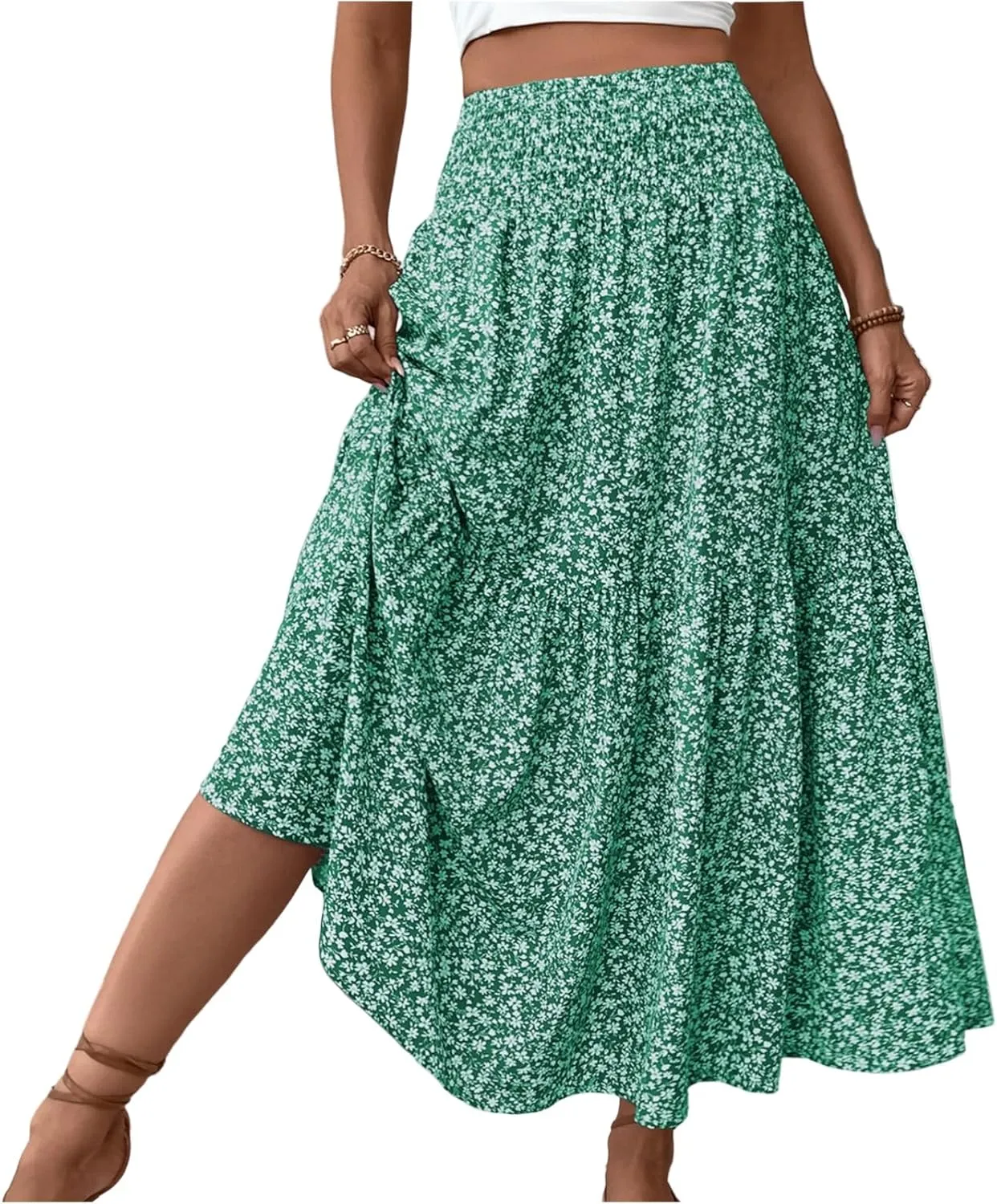 Boho Skirts for Women Floral Tiered Flowy Long Skirts 2025 Summer Beach Smocked Elastic High Skirt with Pocket