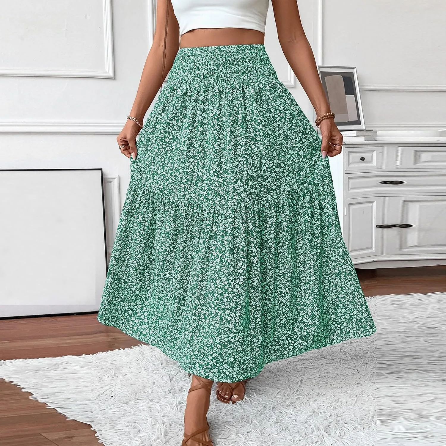 Boho Skirts for Women Floral Tiered Flowy Long Skirts 2025 Summer Beach Smocked Elastic High Skirt with Pocket