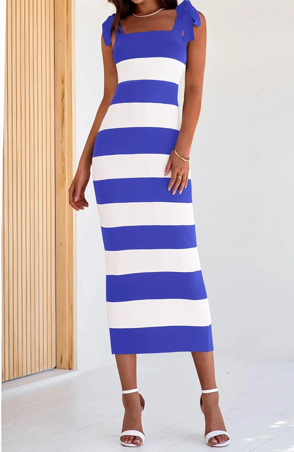 BTFBM Casual Spring Dresses for Women 2025 Sleeveless Spaghetti Strap Striped Maxi Dress Party Beach Long Dress