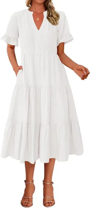 BTFBM Summer Dresses for Women 2025 Vacation V Neck Ruffle Short Sleeve A Line Tiered Flowy Casual Midi Beach Dress