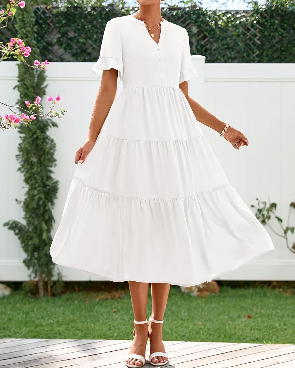 BTFBM Summer Dresses for Women 2025 Vacation V Neck Ruffle Short Sleeve A Line Tiered Flowy Casual Midi Beach Dress