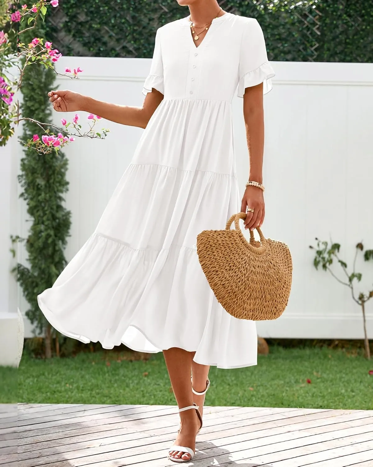 BTFBM Summer Dresses for Women 2025 Vacation V Neck Ruffle Short Sleeve A Line Tiered Flowy Casual Midi Beach Dress