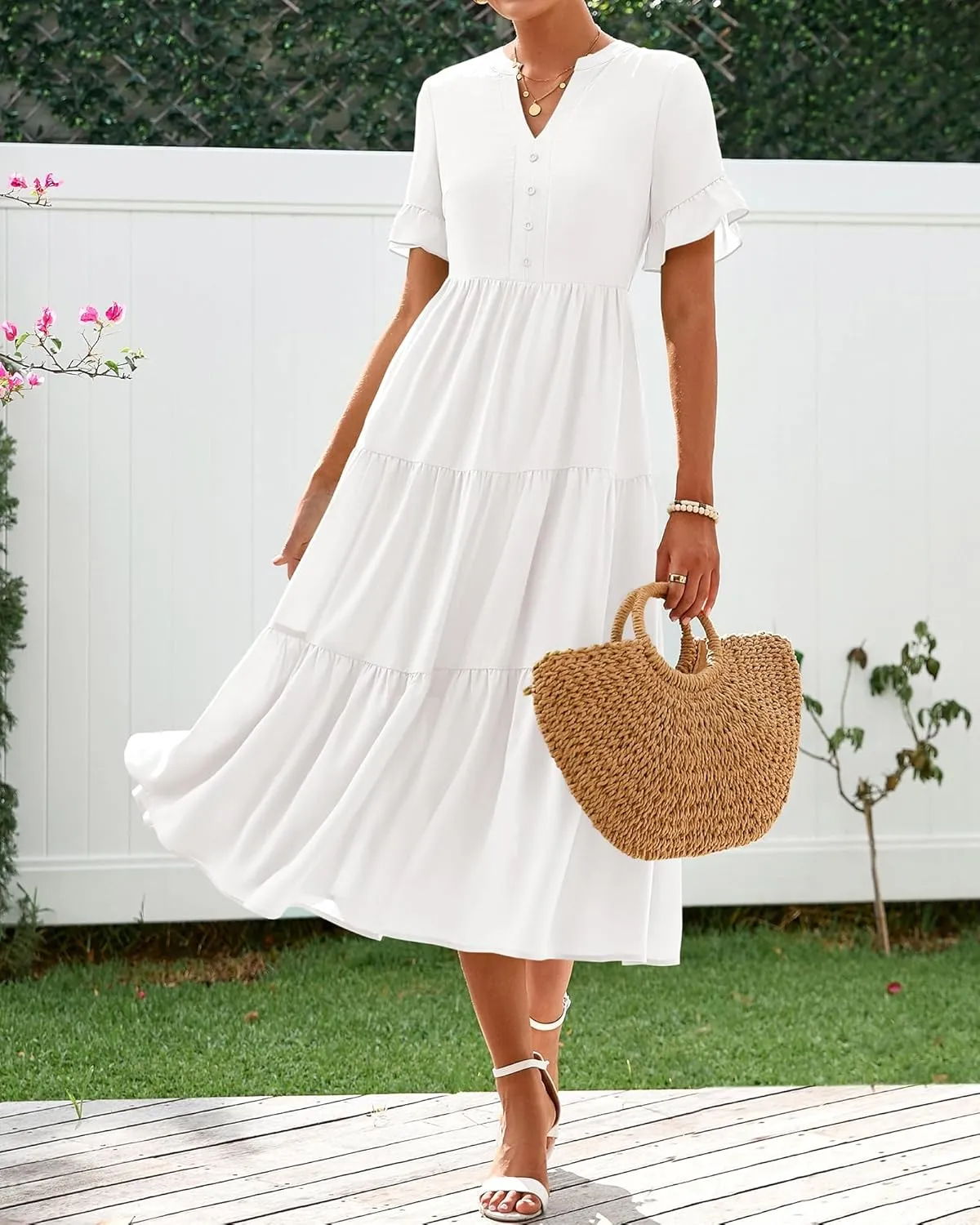 BTFBM Summer Dresses for Women 2025 Vacation V Neck Ruffle Short Sleeve A Line Tiered Flowy Casual Midi Beach Dress