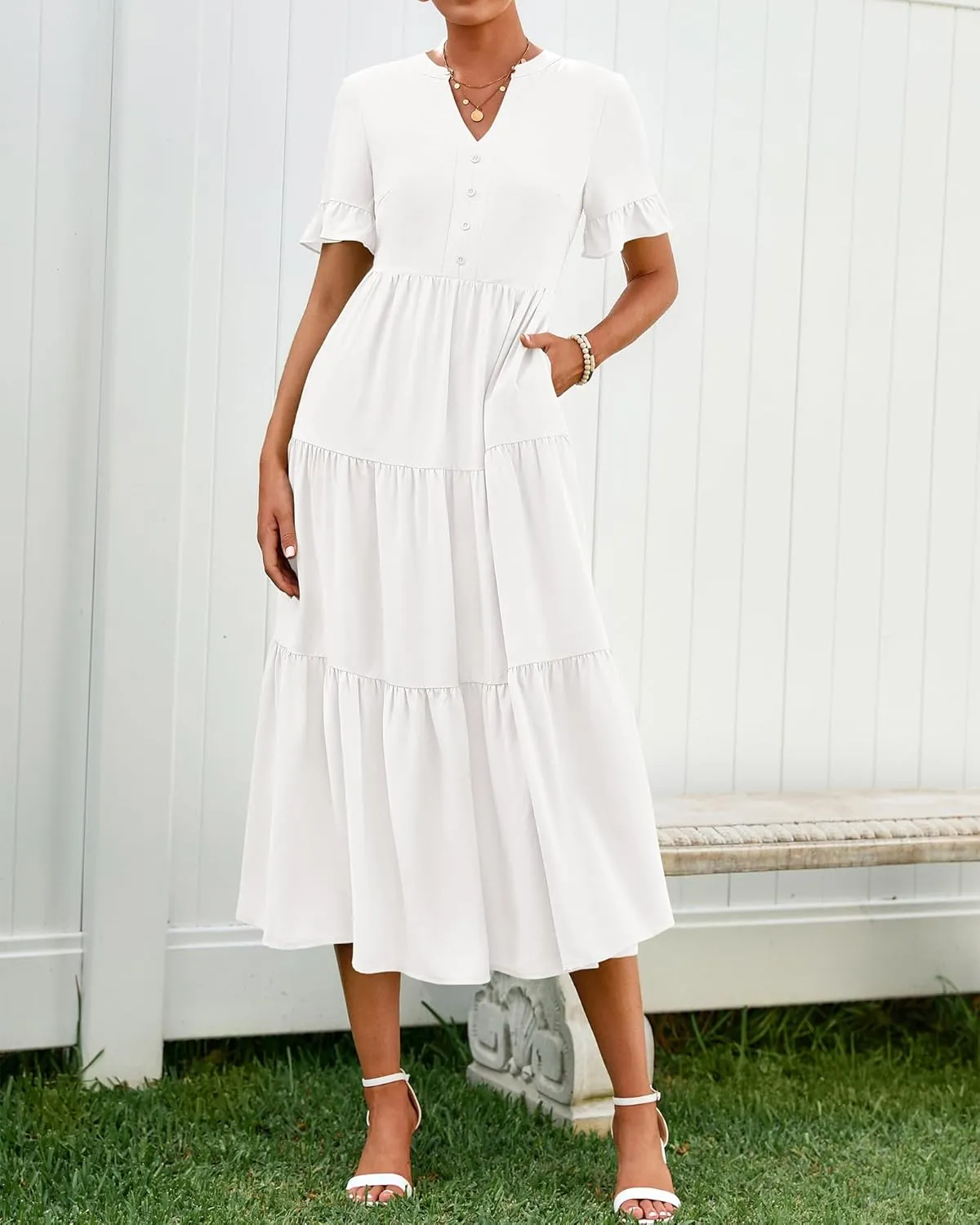 BTFBM Summer Dresses for Women 2025 Vacation V Neck Ruffle Short Sleeve A Line Tiered Flowy Casual Midi Beach Dress