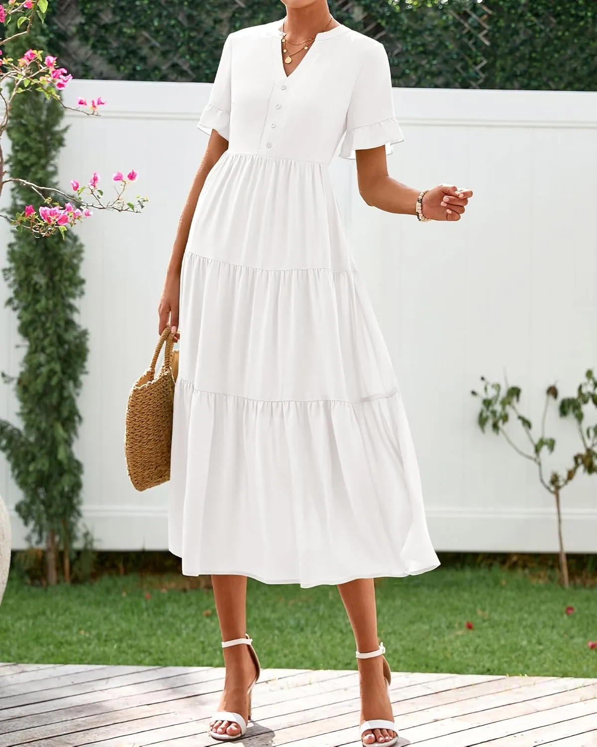 BTFBM Summer Dresses for Women 2025 Vacation V Neck Ruffle Short Sleeve A Line Tiered Flowy Casual Midi Beach Dress