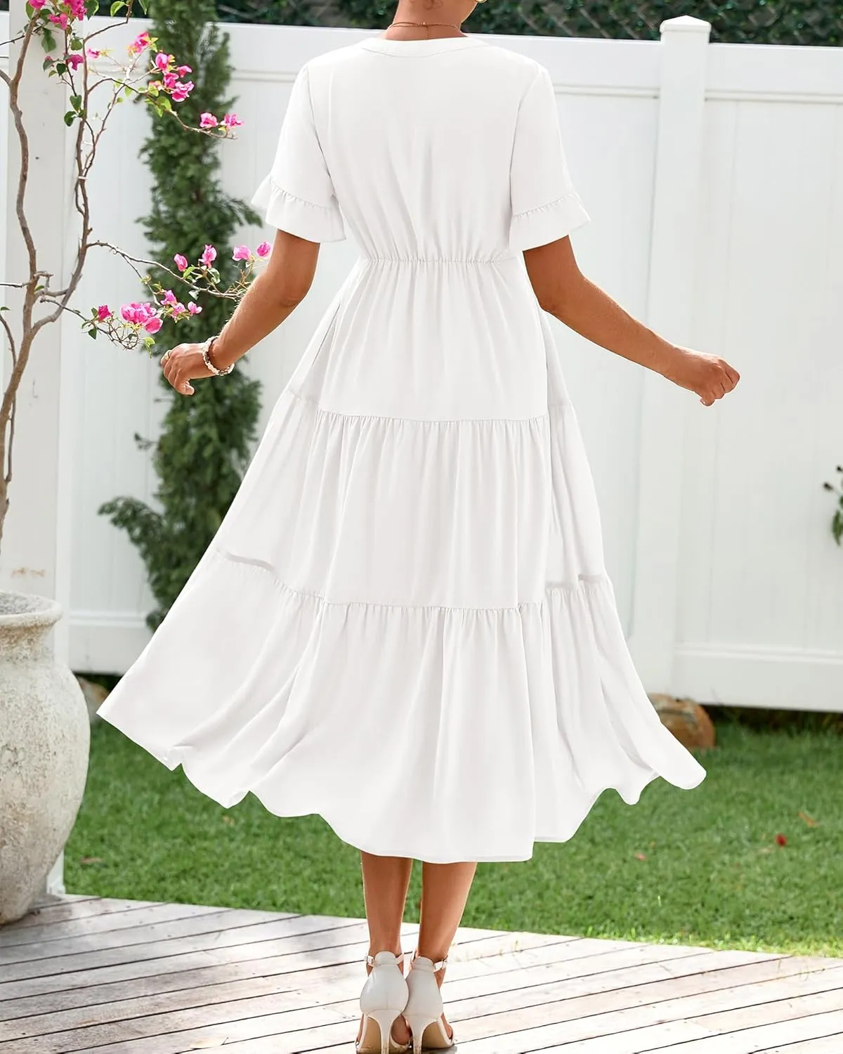 BTFBM Summer Dresses for Women 2025 Vacation V Neck Ruffle Short Sleeve A Line Tiered Flowy Casual Midi Beach Dress