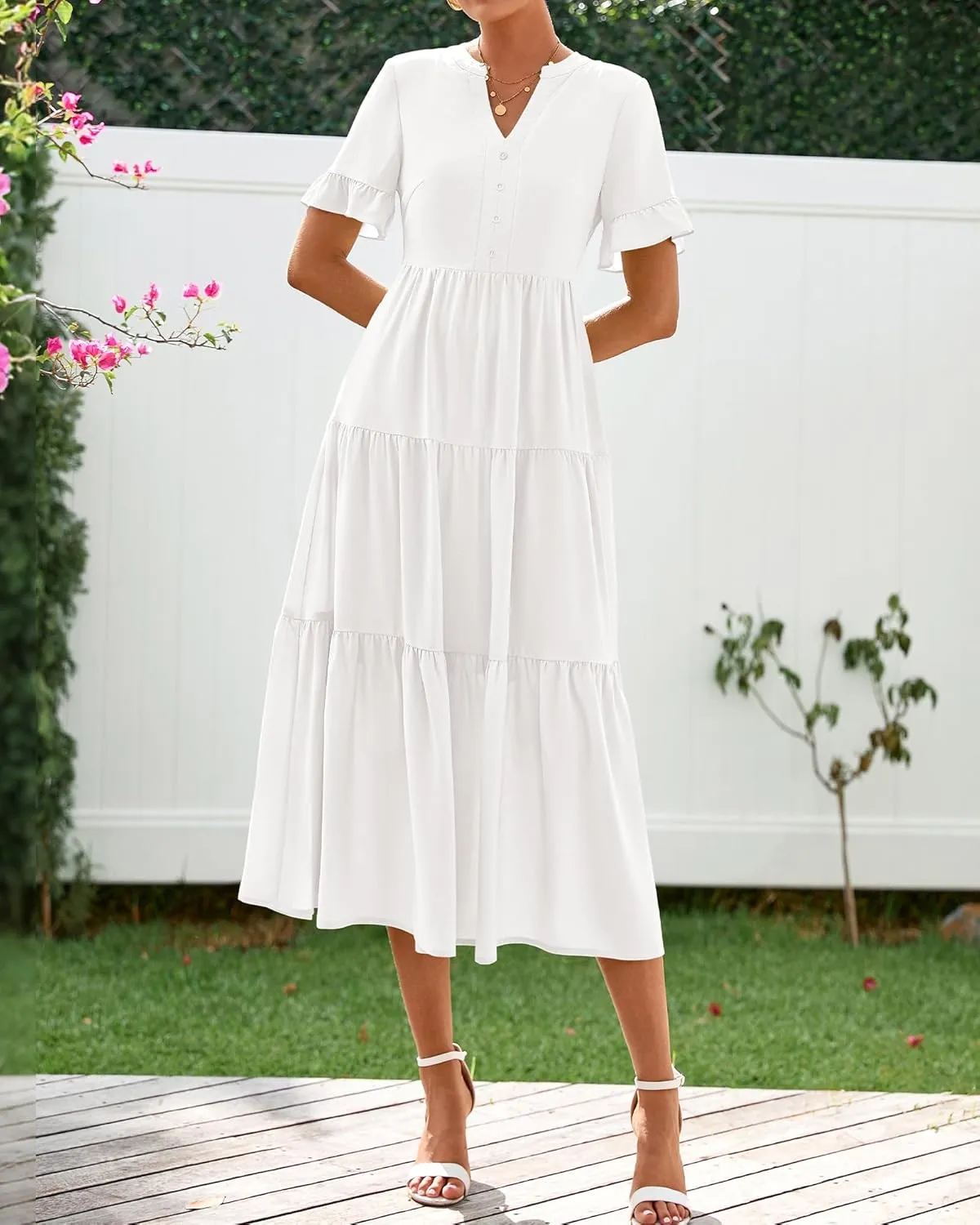 BTFBM Summer Dresses for Women 2025 Vacation V Neck Ruffle Short Sleeve A Line Tiered Flowy Casual Midi Beach Dress