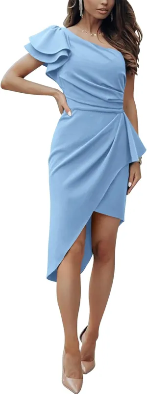 BTFBM Women 2025 Summer Fashion Elegant One Shoulder Cocktail Dress Ruffle Sleeve Wrap Ruched Bodycon Short Party Dresses