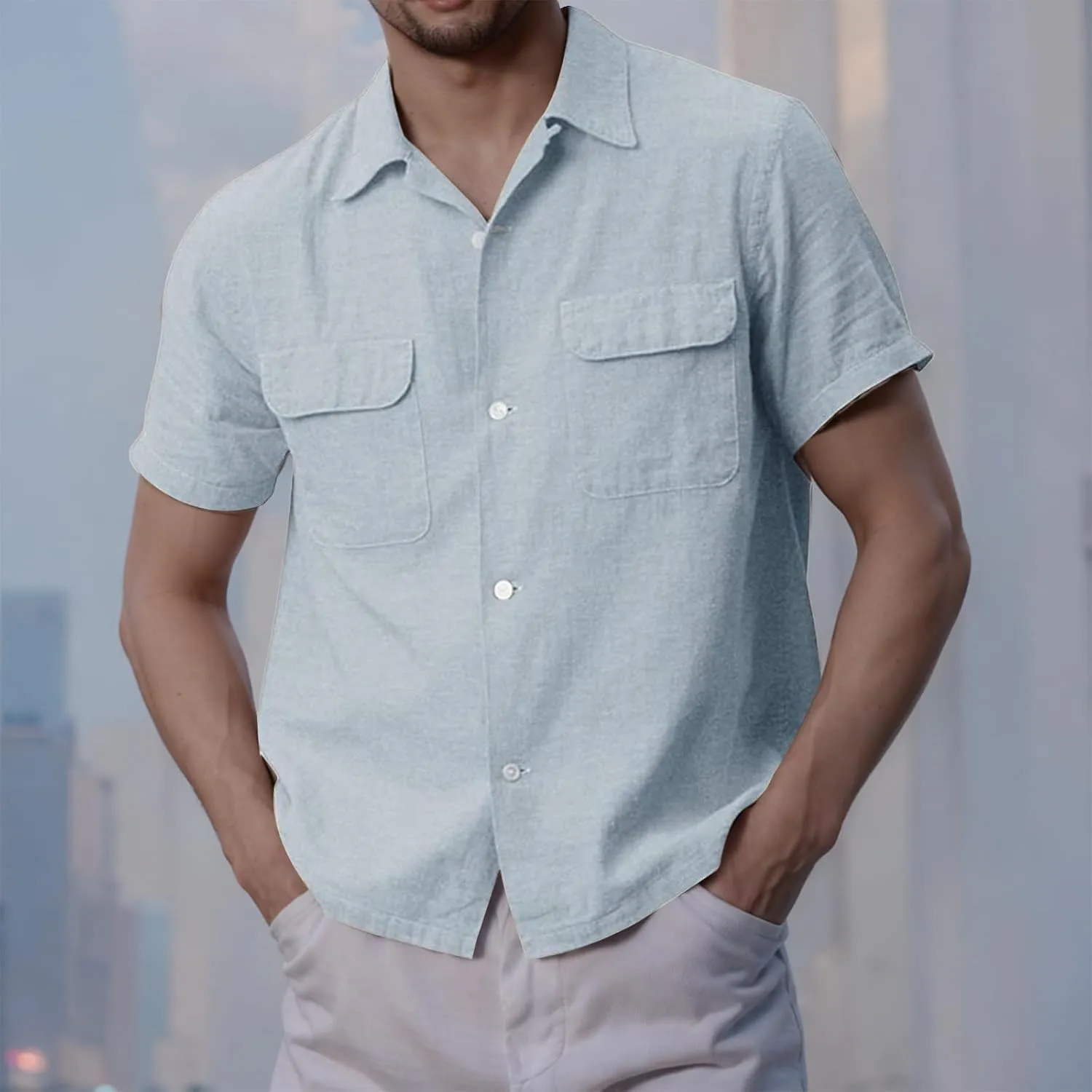 Button Down Shirts for Men Short Sleeve Cotton Linen Casual Comfy Lightweight Solid Tops Summer Beach Tee with Pockets