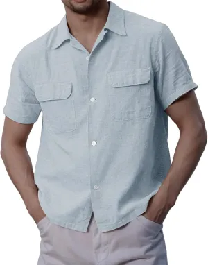 Button Down Shirts for Men Short Sleeve Cotton Linen Casual Comfy Lightweight Solid Tops Summer Beach Tee with Pockets