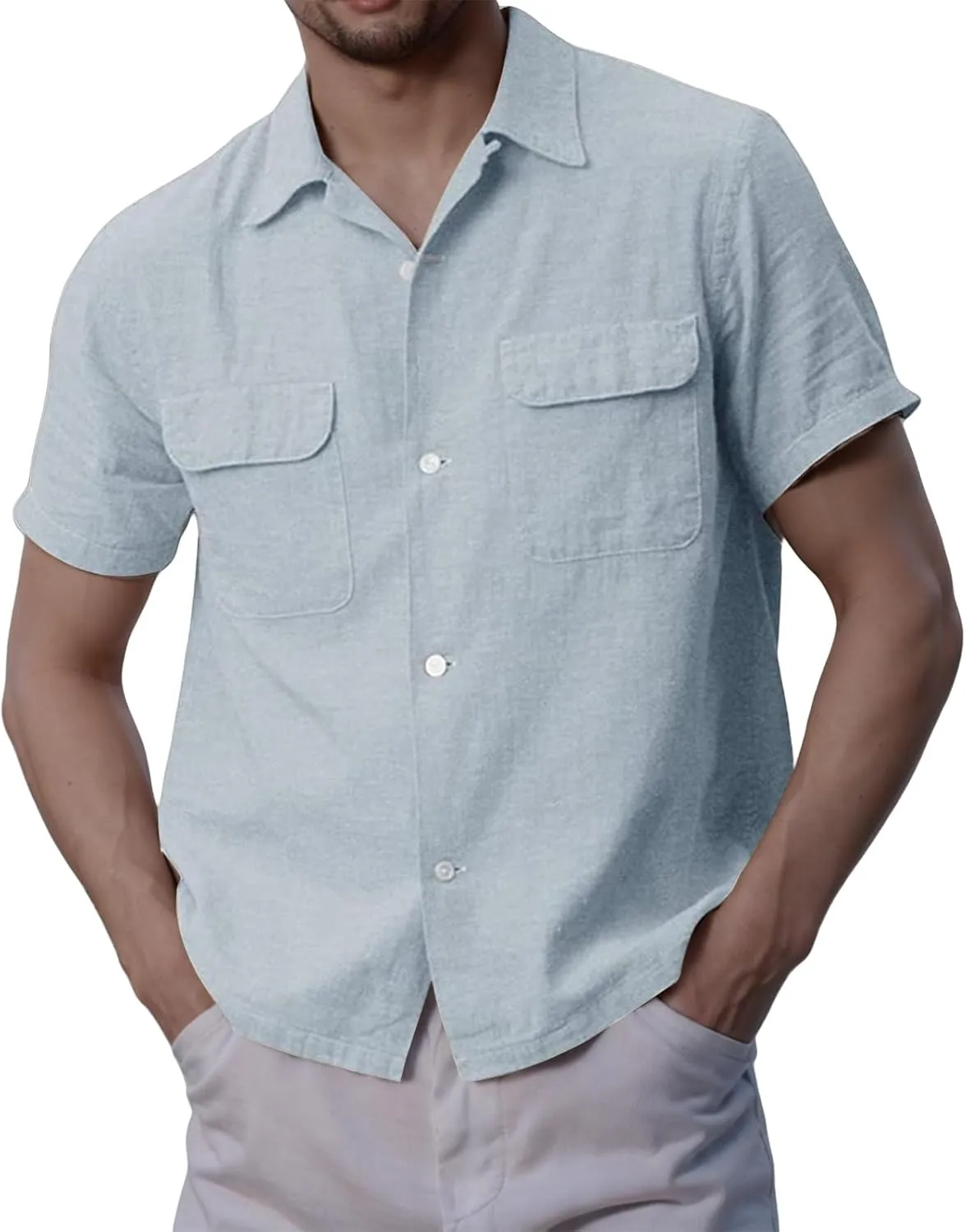 Button Down Shirts for Men Short Sleeve Cotton Linen Casual Comfy Lightweight Solid Tops Summer Beach Tee with Pockets