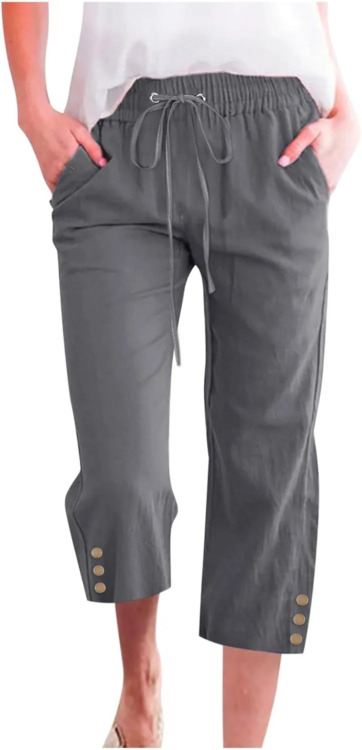 Capri Linen Pants for Women Summer Casual Capris Flowy Straight Leg Beach Trousers with Pockets Women's Linen Capri