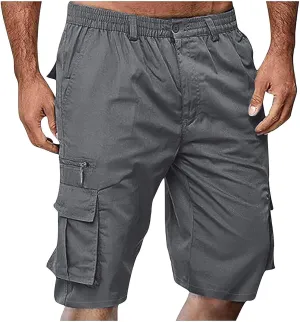 Cargo Shorts for Men Elastic Waist Zipper Relaxed Stretch Lightweight Work Shorts Multi-Pocket Button Summer Tactical Pants
