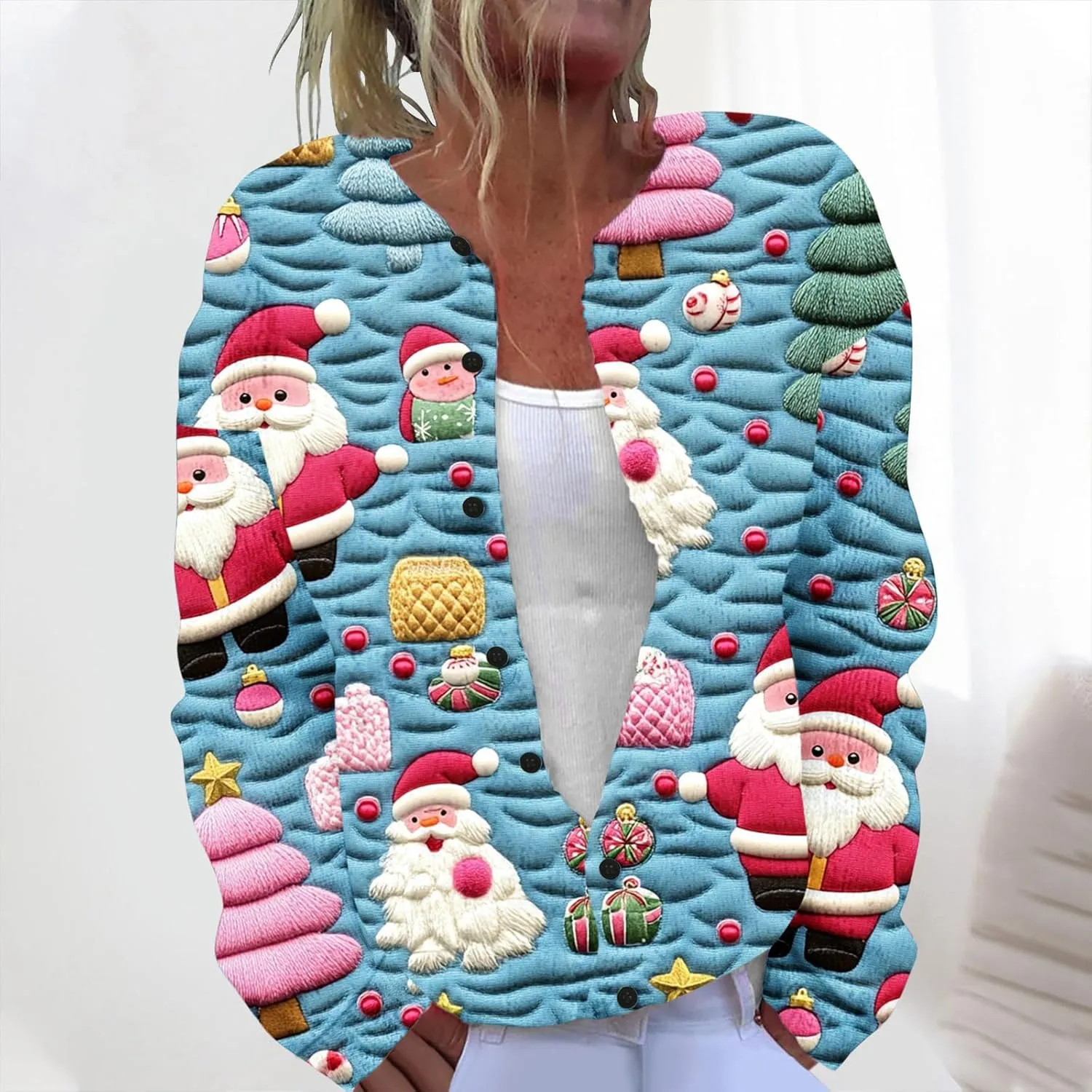 Christmas Plus Size Sweater for Women 2024 Cute Xmas Printed Cardigans Sweater Open Front Button Down Knit Jacket Coat
