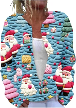 Christmas Plus Size Sweater for Women 2024 Cute Xmas Printed Cardigans Sweater Open Front Button Down Knit Jacket Coat