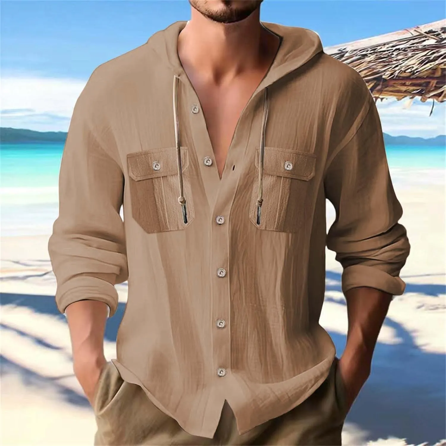 Cotton Linen Shirts for Mens Stylish Summer Beach Hippie Hoodies Lightweight UPF 50  Fishing Shirt Hooded Sweatshirts