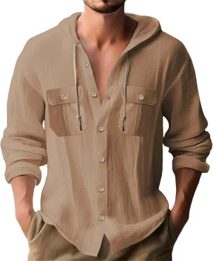 Cotton Linen Shirts for Mens Stylish Summer Beach Hippie Hoodies Lightweight UPF 50  Fishing Shirt Hooded Sweatshirts