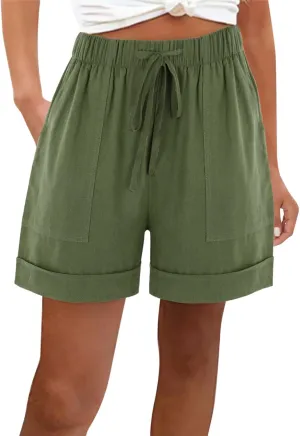 Cotton Linen Shorts for Women 2023 Loose Plain Summer Shorts Folded Hem Drawstring Elastic Waist Shorts with Pockets